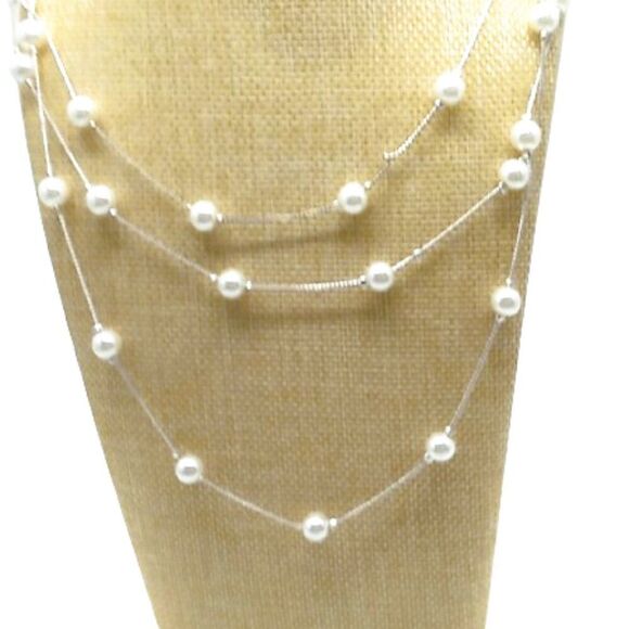 Delicate Tin Cup Faux Pearl Necklace Very Long Silver-tone Thin Chain 73 inches - Picture 1 of 14